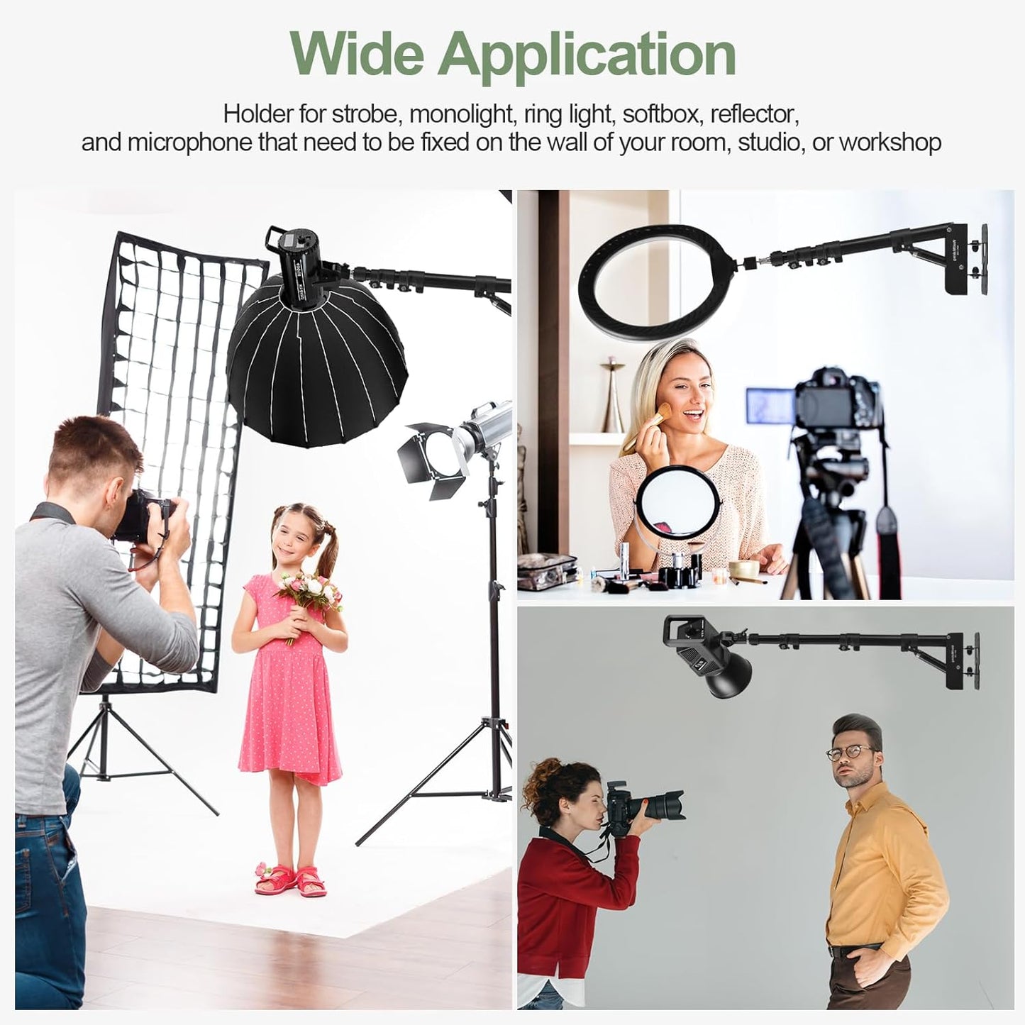 Wellmaking Wall Mount Triangle Boom Arm 39.37inch/100cm, Ring Light Mount Support 180°Flexible Rotation Comes with Tilt Swivel Mount for Studio Video Light, Monolight, Photography, Softbox, Reflector