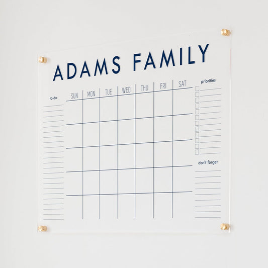 Personalized Clear Acrylic Calendar for Wall, Calendar Whiteboard for Wall, Dry Erase Wall Calendar, Wall Calendar Organizer System for Home (Block, Navy, 31"W x 23"H)