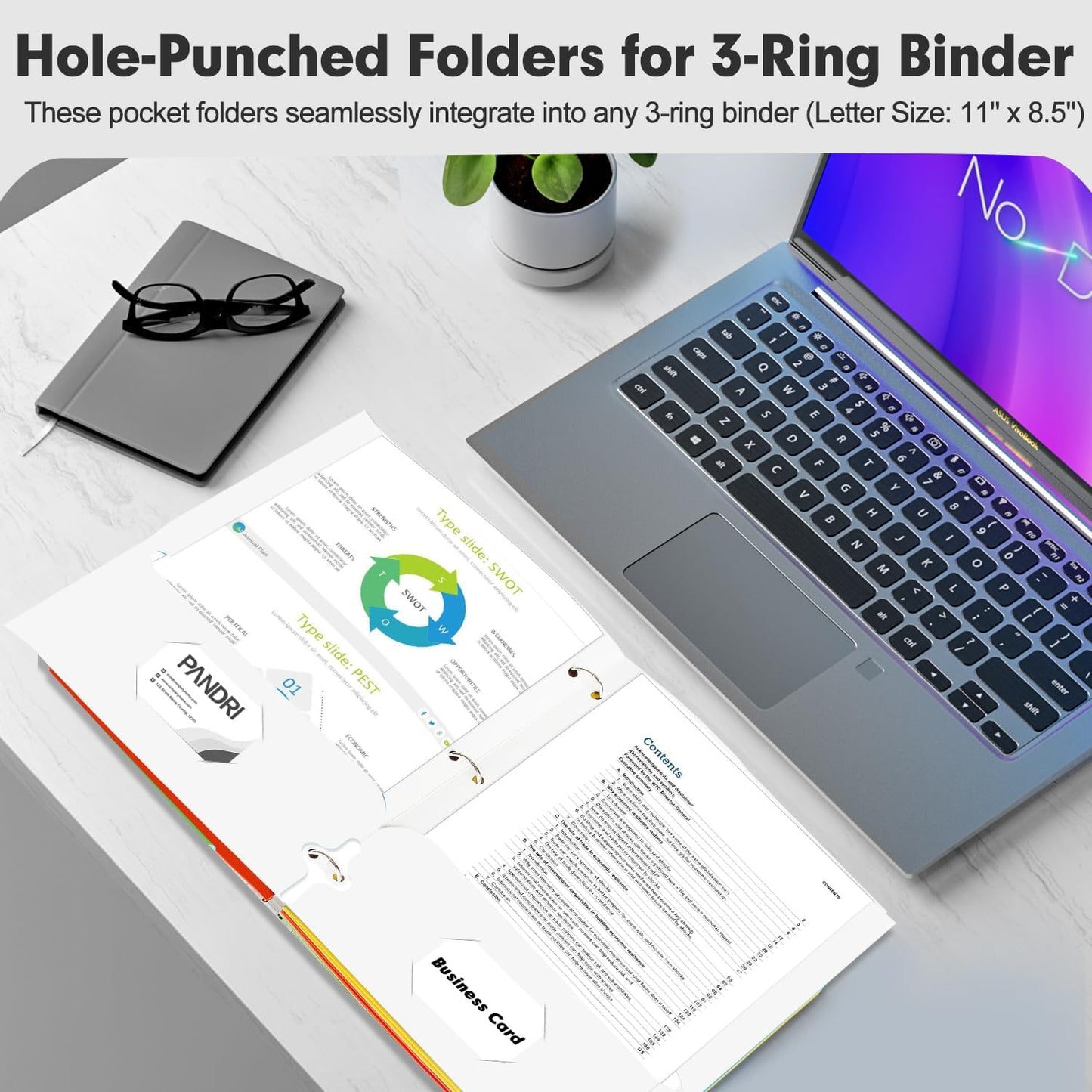 Two Pocket Portfolio Folders, PANDRI 60 Pack 3 Hole Punched 2 Pocket Folders for 3 Ring Binder, Letter Size Paper File Folder for School Office Home Business, White