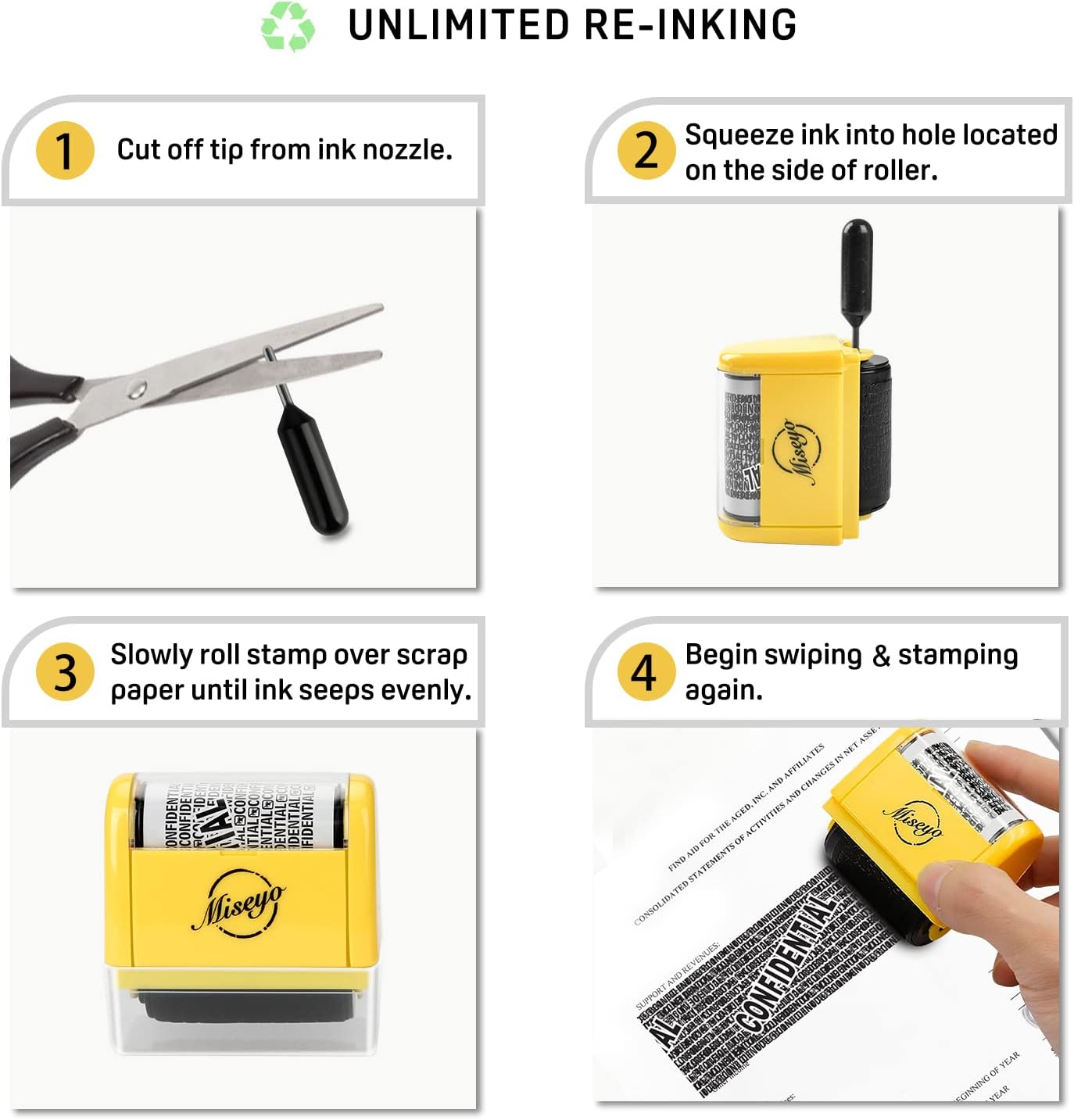 Miseyo Identity Theft Protection Roller Stamp Set - Yellow (6 Refill Ink Incleded)
