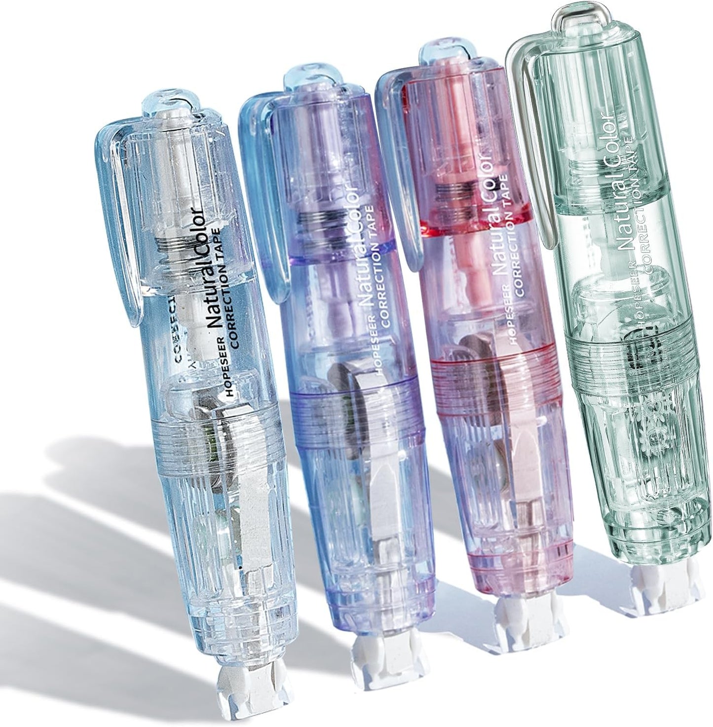 White Retractable Correction Tape, 4PCS Correction Dispensers Pre-Loaded, Cute Pull-Out Pen-Shaped Applicator, Anti-Break Tape for Office Supplies (Transparent, Green, Pink, Purple)