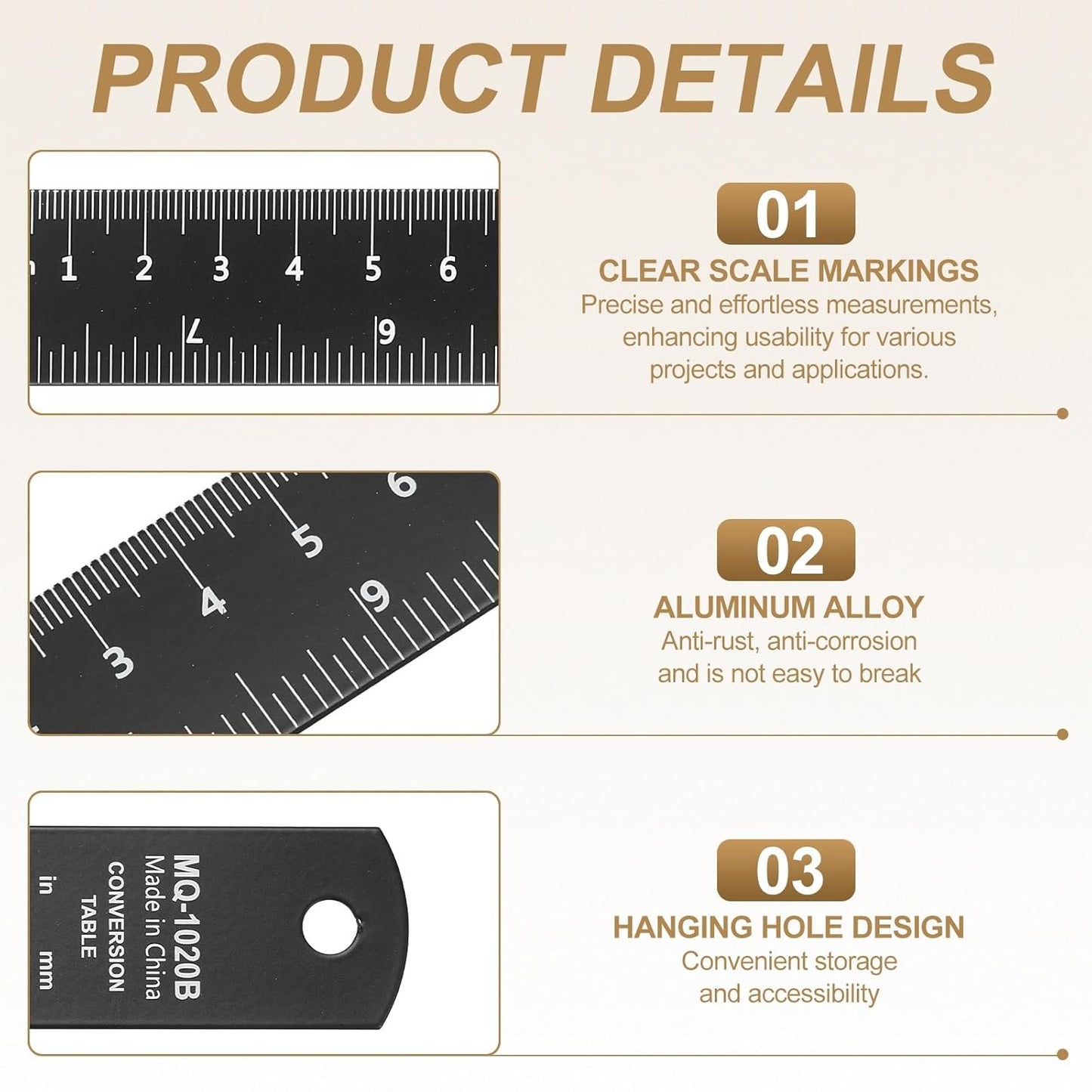 HARFINGTON 6pcs Metal Straight Ruler 30cm Metric SAE Aluminum Alloy Measuring Rulers Scale Tool with Hole for Measure Study Reading Classroom Office, Black