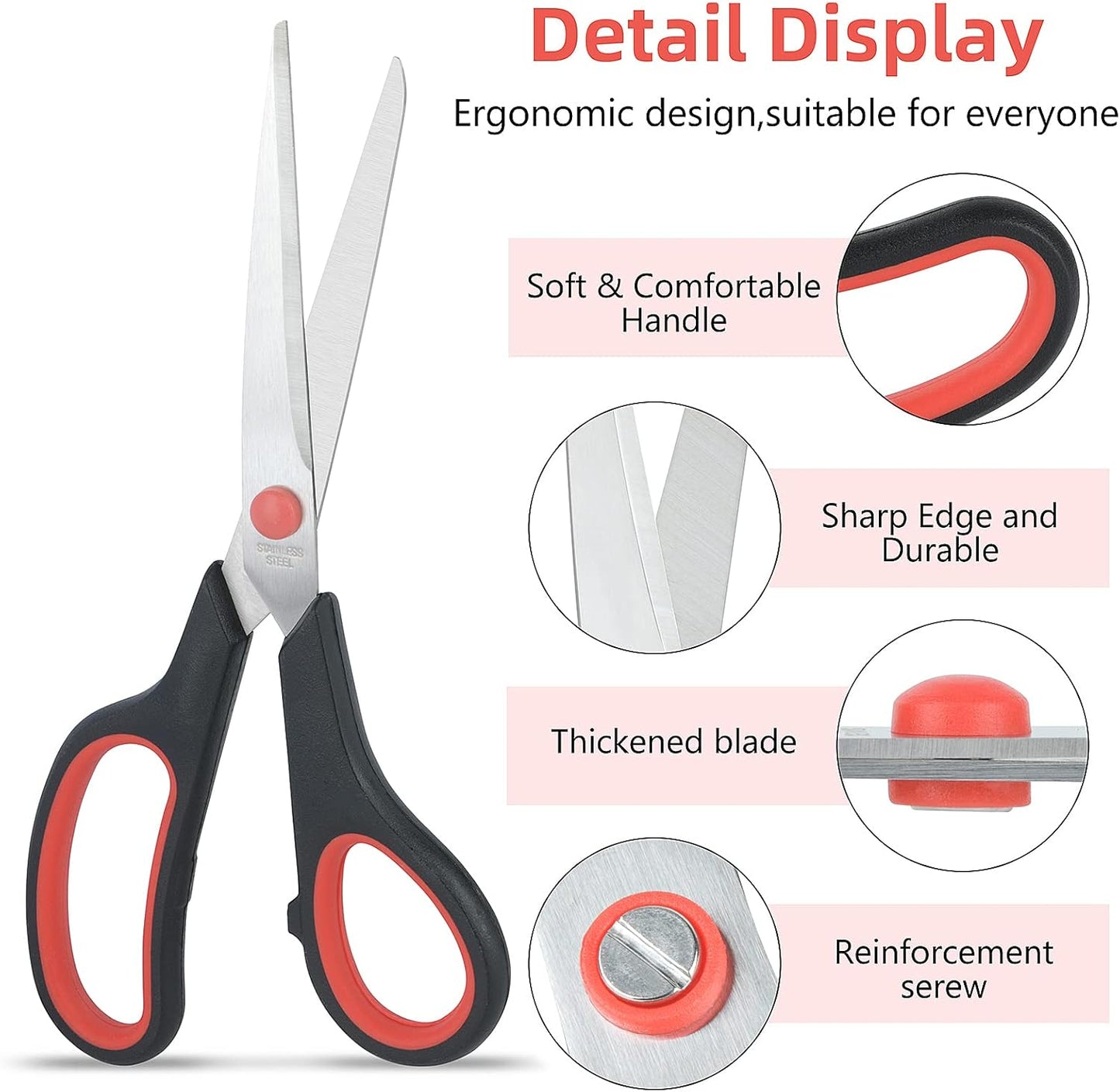 Scissors All Purpose for Office Heavy Duty, 8" Scissors Bulk Pack of 12 for Home Craft Sewing Fabric Supplies, High/Middle School Student Teacher Scissor,Right/Left Handed