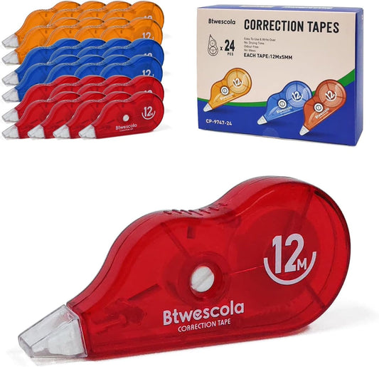Correction Tape, 39.37FT Gift Packed Tear-Resistant Correction Tape, Tape for School, Office, With Roller Adjuster (9747-24pcs)