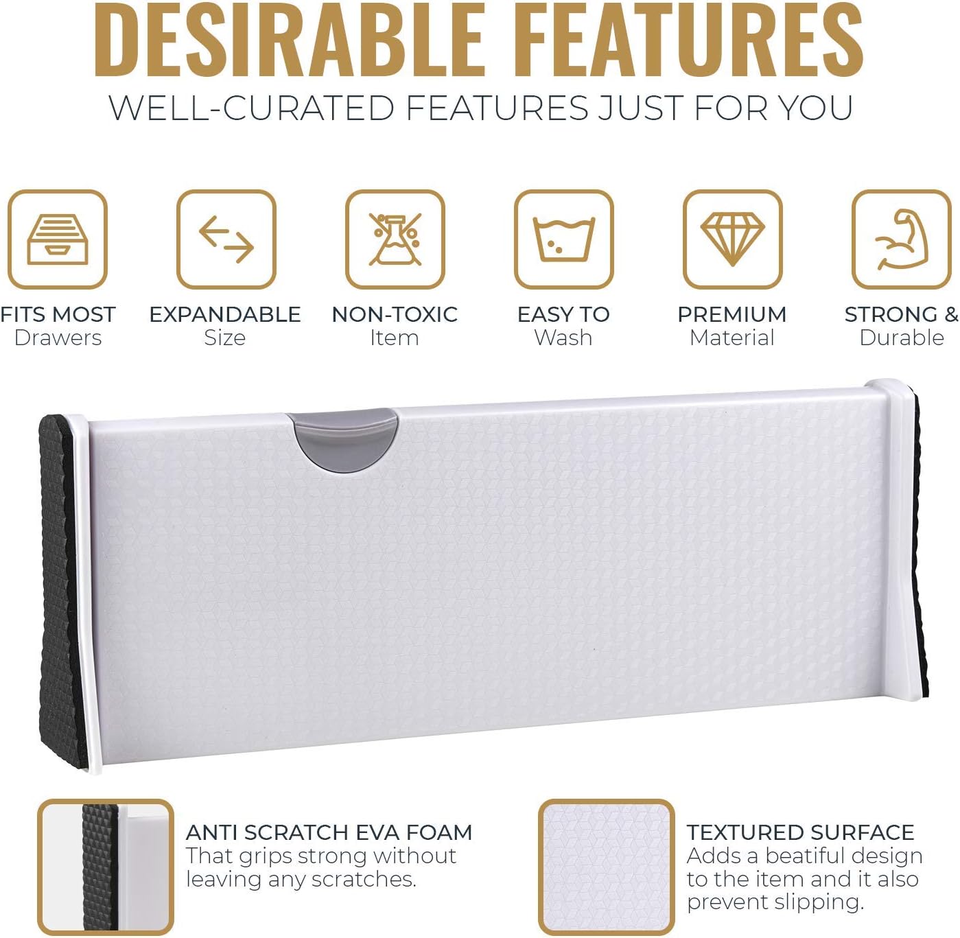 RAPTUROUS Adjustable Drawer Dividers, 4" Tall, Expandable 11-17", 5-Pack, Non-Slip for Dresser, Closet, Kitchen, Nursery, and Office (White)