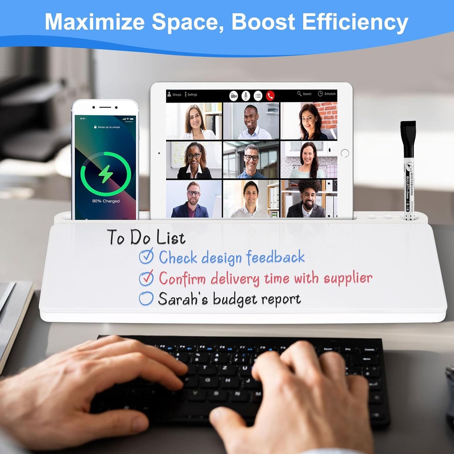 Desktop Glass Whiteboard with Storage, Desk White Board with Computer Keyboard Stand, White Dry Erase Board with Drawers for Home, School, Office Desk Organizers and Accessories