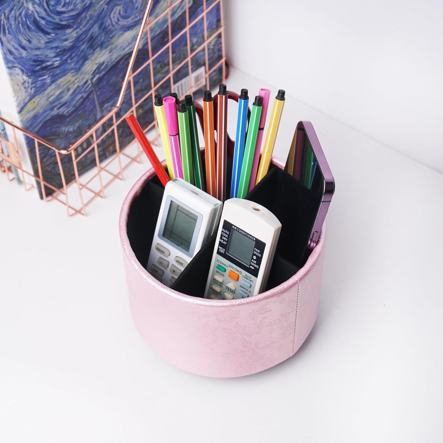 lizimandu Round Leather Art Supply Organizer,Remote Control Holder,360 Degree Spinning,Multi-Functional Pencil Holder,4 Compartments Desktop Stationary Organizer(1-Liuli Pink)