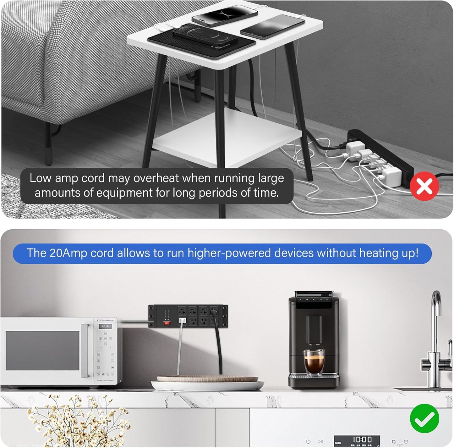 CCCEI Magnetic Heavy Duty Power Strip Surge Protector 20Amp, 12 Gauge High Amp Extension Outlets, Garage Wall Mount 8 Plug Metal Power Strip. 6FT, Black, 5-15P Adapter 6-20R T-Slot 20a for Appliance