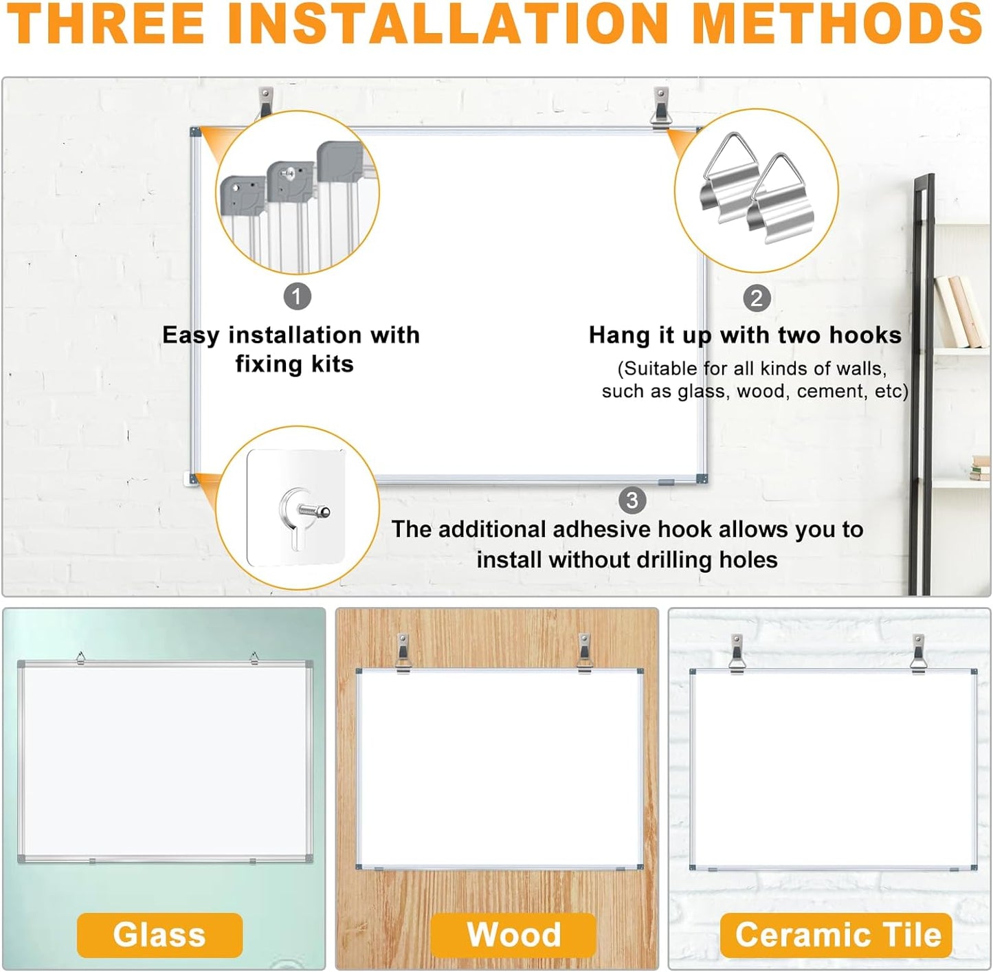 H-Qprobd White Board Dry Erase Whiteboard for Wall 24x18 (3pcs) Magnetic Boards for Office Classroom & Home, Small Wall Whiteboard Including 6 Markers, 10 Magnets, 2 Erasers & 15 Adhesive Hooks