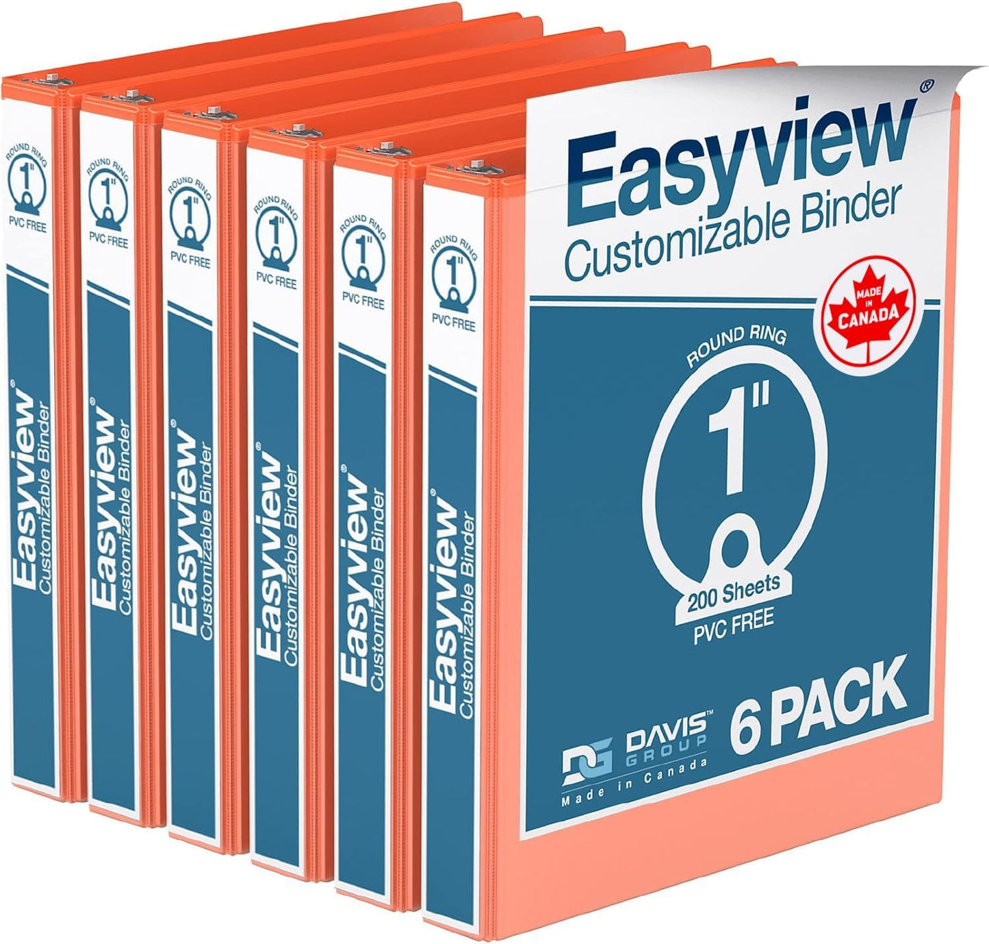 Easyview Premium 3-Ring Binders with Clear-View Covers and Round Rings, Binders for School or Office, 1 Inch, Pack of 6, Orange