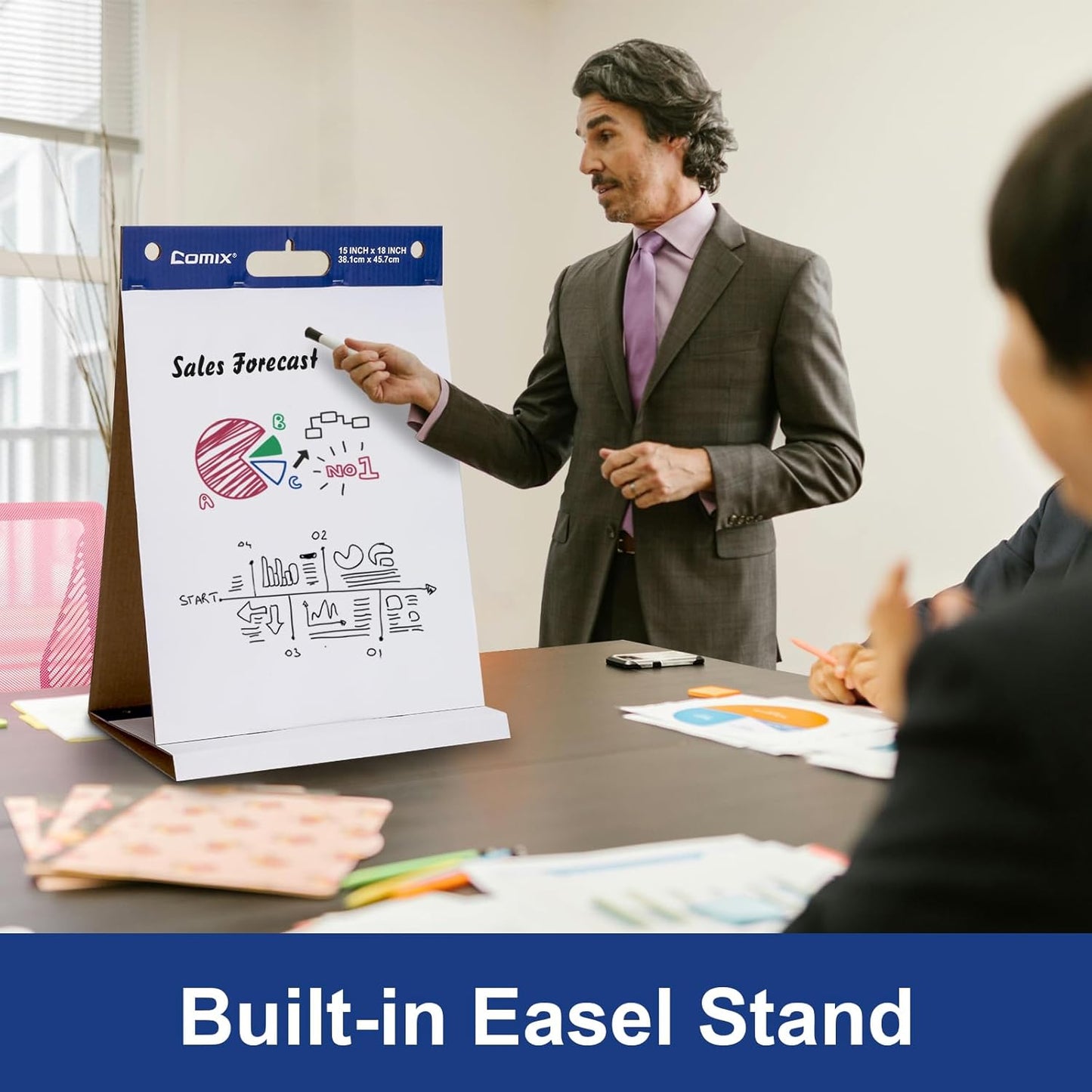 Comix Sticky Portable Tabletop Easel Pads, 15 x 18 Inches Flip Chart Paper for Training, Presentation, Meetings, Doodling, 20 Sheets/Pad, 2 Pads/Pack