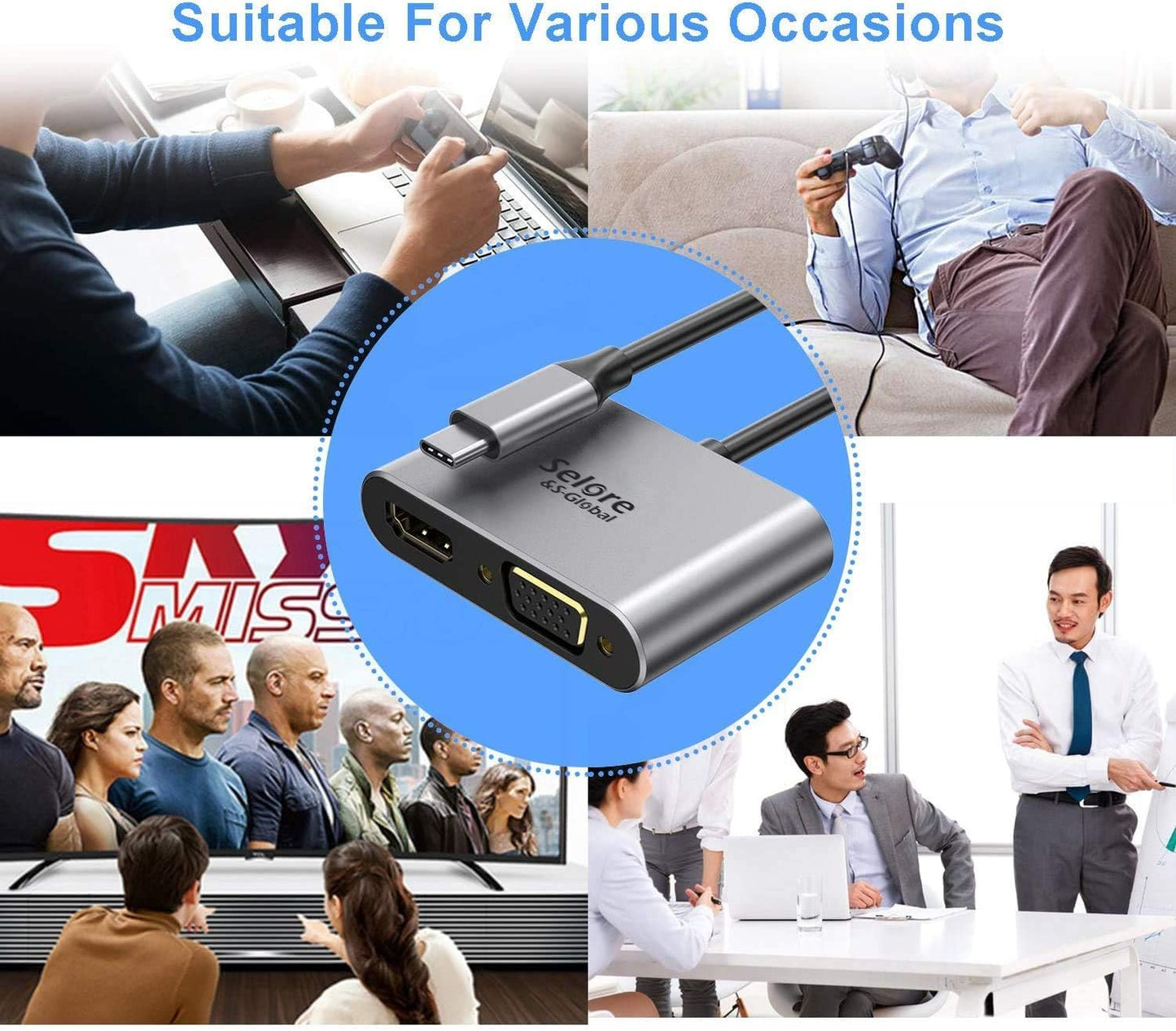 USB C to HDMI VGA Adapter,USB Type C to VGA HDMI Thunderbolt 3 VGA Adapter for MacBook Pro/iPad Pro/Air 2020 2019 2018,Dell XPS 13/15,Surface Pro, Galaxy S8/S9, Huawei P20