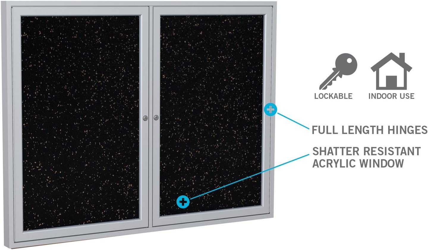 Ghent 36"x24" 1-Door indoor Enclosed Recycled Rubber Bulletin Board, Shatter Resistant, with Lock, Satin Aluminum Frame,Black (PA132TR-BK),Made in the USA