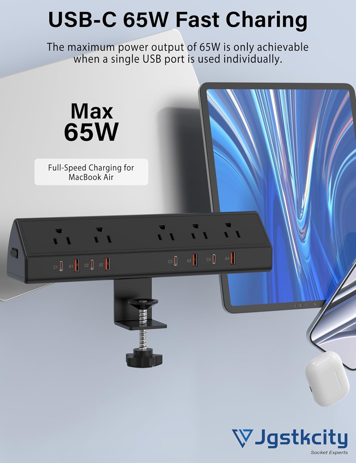 Desk Clamp Power Strip 65W Fast Charging Station,4 PD USB-C,5 Outlets,Nightstand Desk Edge Mount Tower Surge Protector,15 Amp Heavy Duty Power Strip,Fits 1.96" Tabletop Edge (Black, 6 FT Cable)