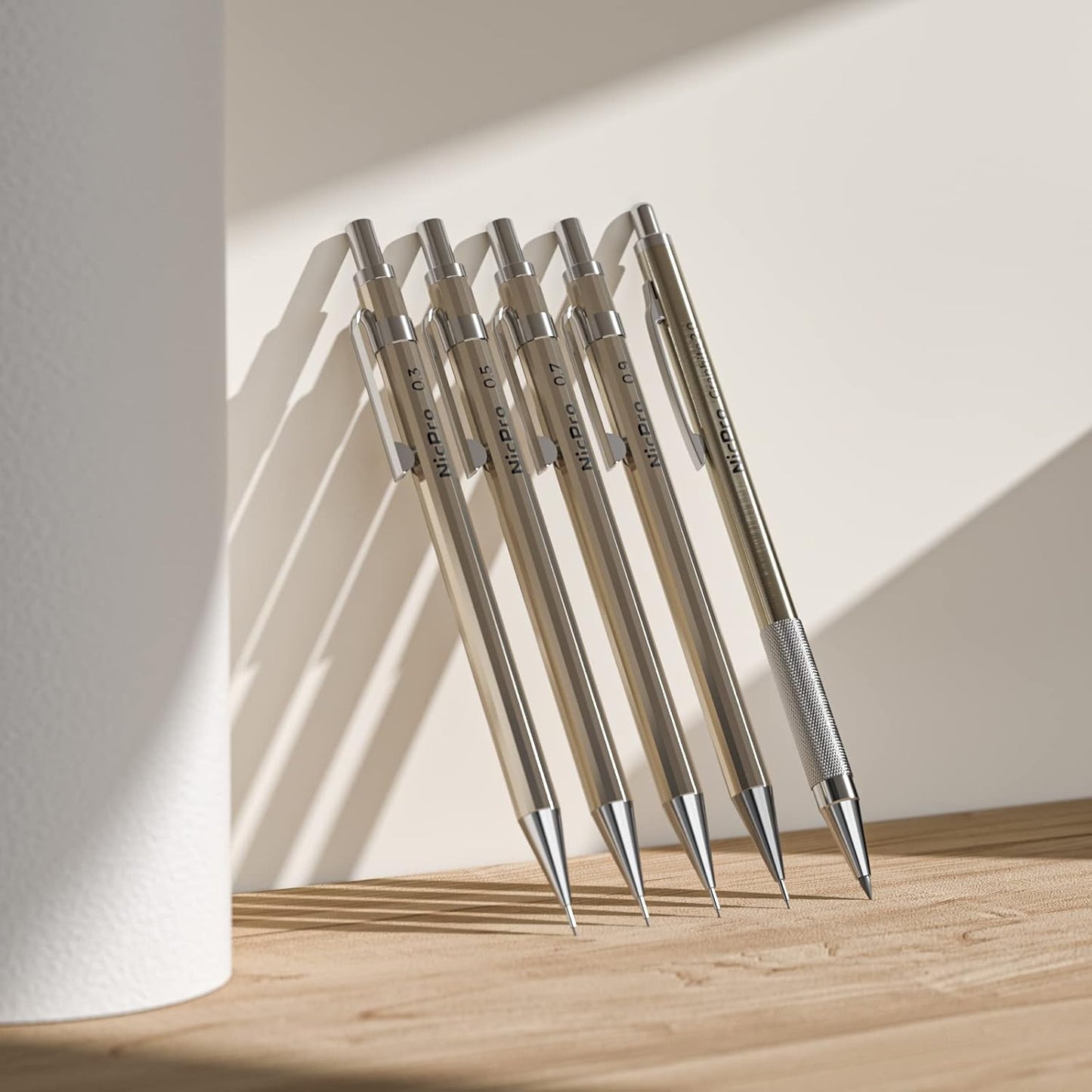 Nicpro 20PCS Metal Mechanical Pencil Set in Leather Case, 0.3 & 0.5 & 0.7 & 0.9 mm & 2mm Lead Pencil Holders, (4B 2B HB 2H) Lead Refills (Black & Colors), Erasers, For Art Drafting Sketching Drawing