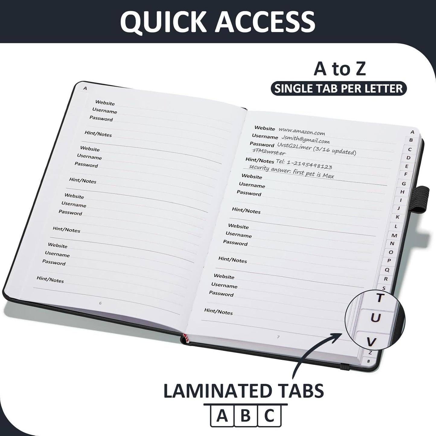 Password Book with Individual Alphabetical Tabs Laminated, Large Print Password Keeper Book for Seniors, A5 Hardcover Internet Password Log Book to Record Website Login Details - Black