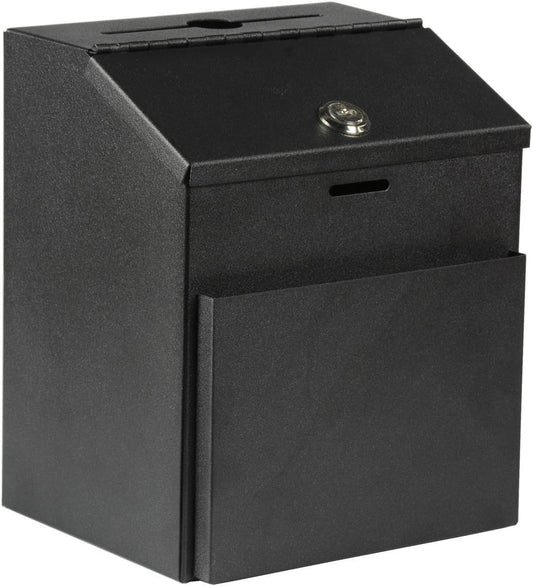 Suggestion Box with lock and keys Lock Metal Wall Mounted Ballot Box, Steel Donation and Collection Drop Box with wide Slot, 8.5H x 6W x 7.3L Inch office comment box with front wide pocket
