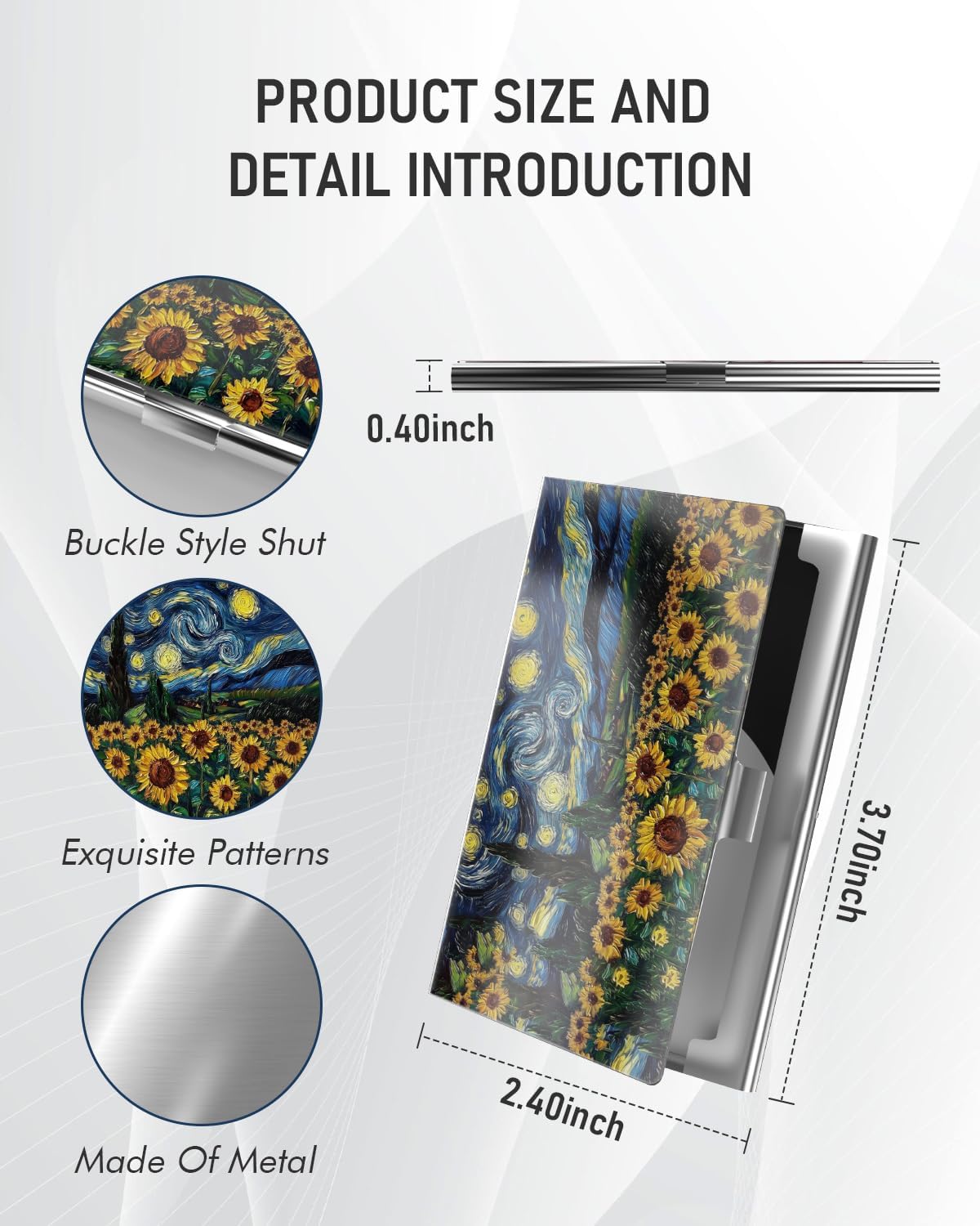 Business Card Metal Slim Organizer, Professional Stainless Steel Square Pocket Wallet for Office Workers, Compact and Portable for Pockets (Starry Sunflowers A)