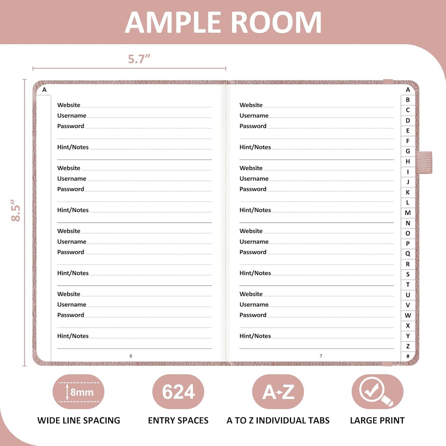 Password Book with Individual Alphabetical Tabs Laminated, Large Print Password Keeper Book for Seniors, A5 Hardcover Internet Password Log Book to Record Website Login Details - Rose Gold