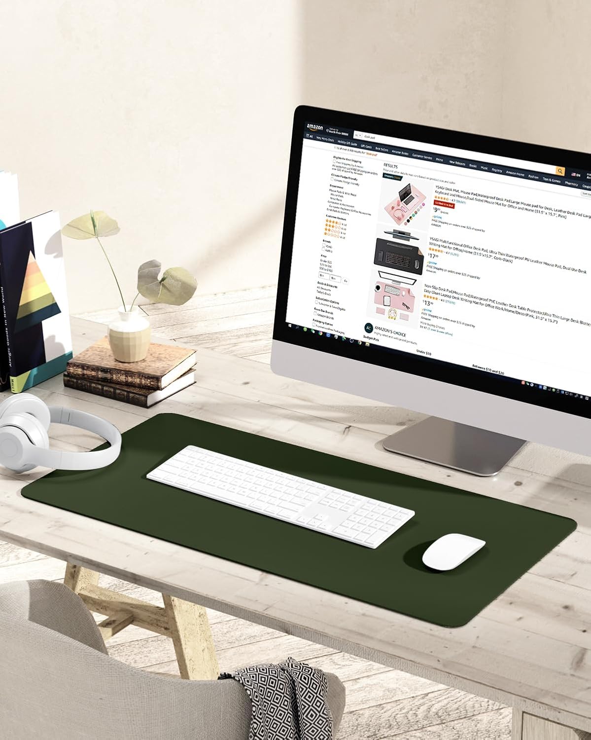 YSAGi Non-Slip Leather Desk Pad, Waterproof Laptop Computer Desk Keyboard Mat, Table Protector Blotter Mat, Large Mouse Pad for Office/Work/Home/Decor(Olive Green, 31.5" x 15.7")