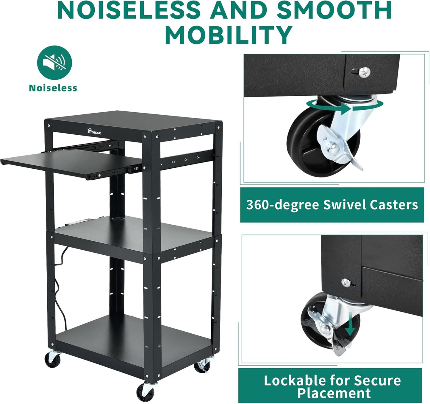 YITAHOME Large AV Cart with 16.4ft Extra-Long Cord, Metal Presentation Cart with Keyboard Tray, Rolling Media Carts with Wheels and Power, 2 Locking Brakes, Easy to Assemble, Black