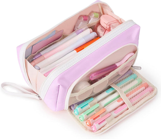 Sooez Big Capacity Pencil Case, Extra Large Pencil Pouch with Zipper Pocket, Wide Opening Pencil Bag, Portable Stationery Organizer, Cute Aesthetic School Office Supplies for Teens Girls Adults, Pink