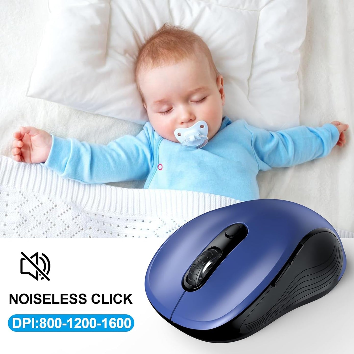 WisFox 2.4G Wireless Mouse for Laptop, Ergonomic Computer Mouse with USB Receiver and Type-C Adapter, 3 Adjustable Levels, 6 Button Cordless Wireless Mice for Windows Mac PC Notebook (Blue)