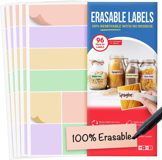 MESS Reusable Food Container Labels – Erasable, Removable Dry Erase Labels for Kitchen, Freezer, and Fridge Organization (1x3 & 1.5", Pastel)
