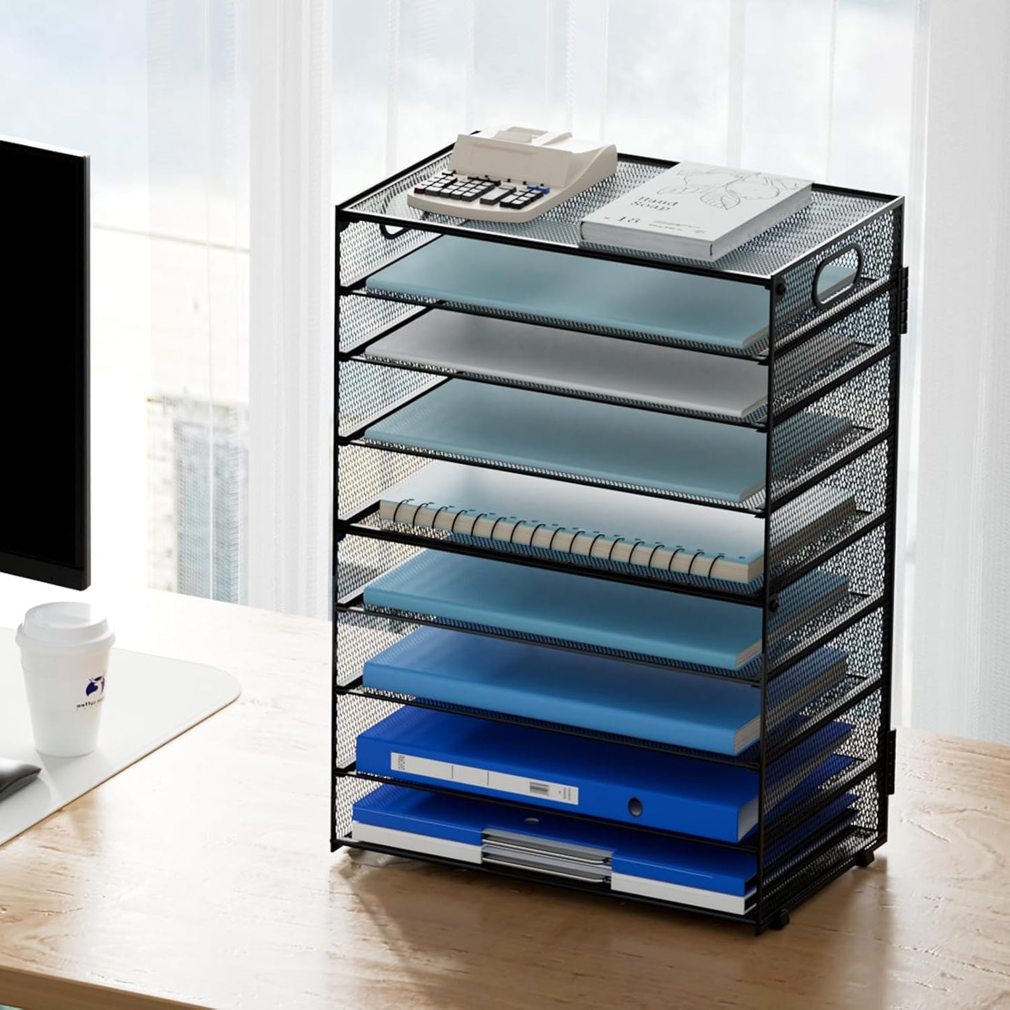 Marbrasse Paper Organizer Letter Tray, 9 Tier Mesh File Organizer with Handle, Paper Sorter Desk Organizer for Home Office Supplies