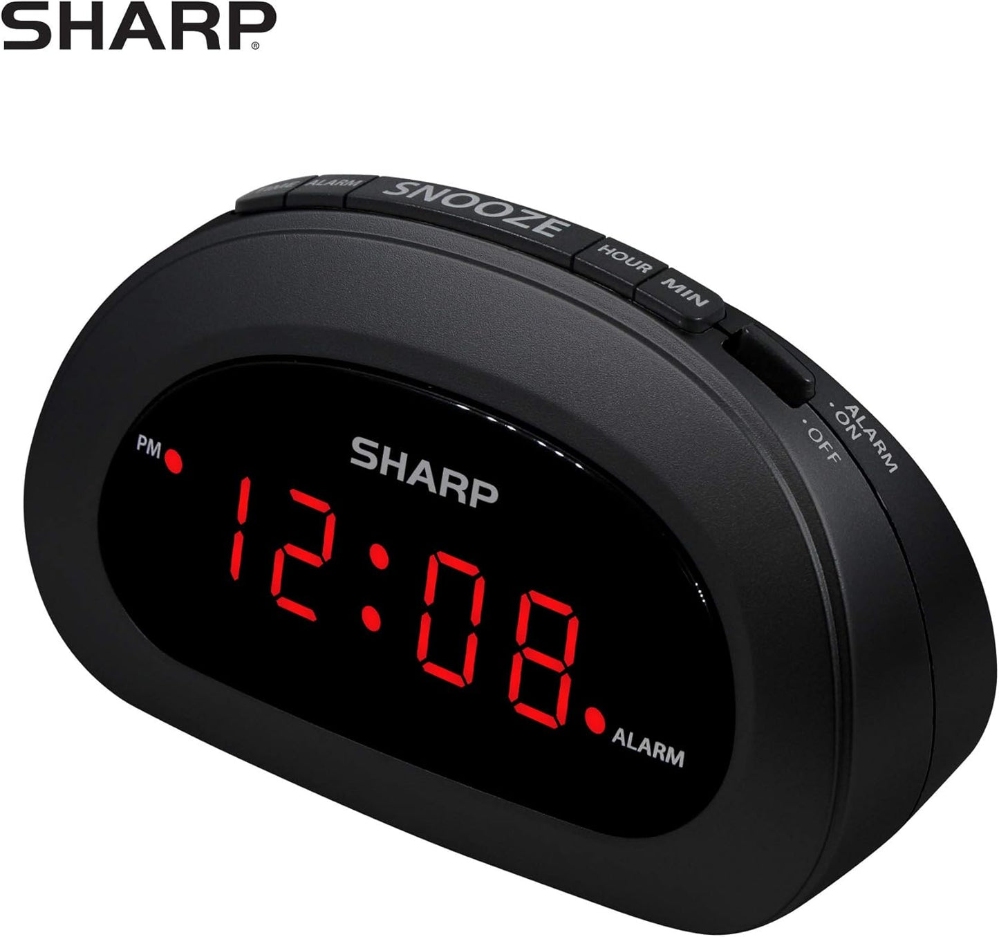 Sharp Small, Space-Saving Digital Alarm Clock – Compact Bedside Clock with Large Red LED Display, Easy Top Button Controls, Snooze, and Battery Backup – Perfect for Bedroom, Dorm, or Travel