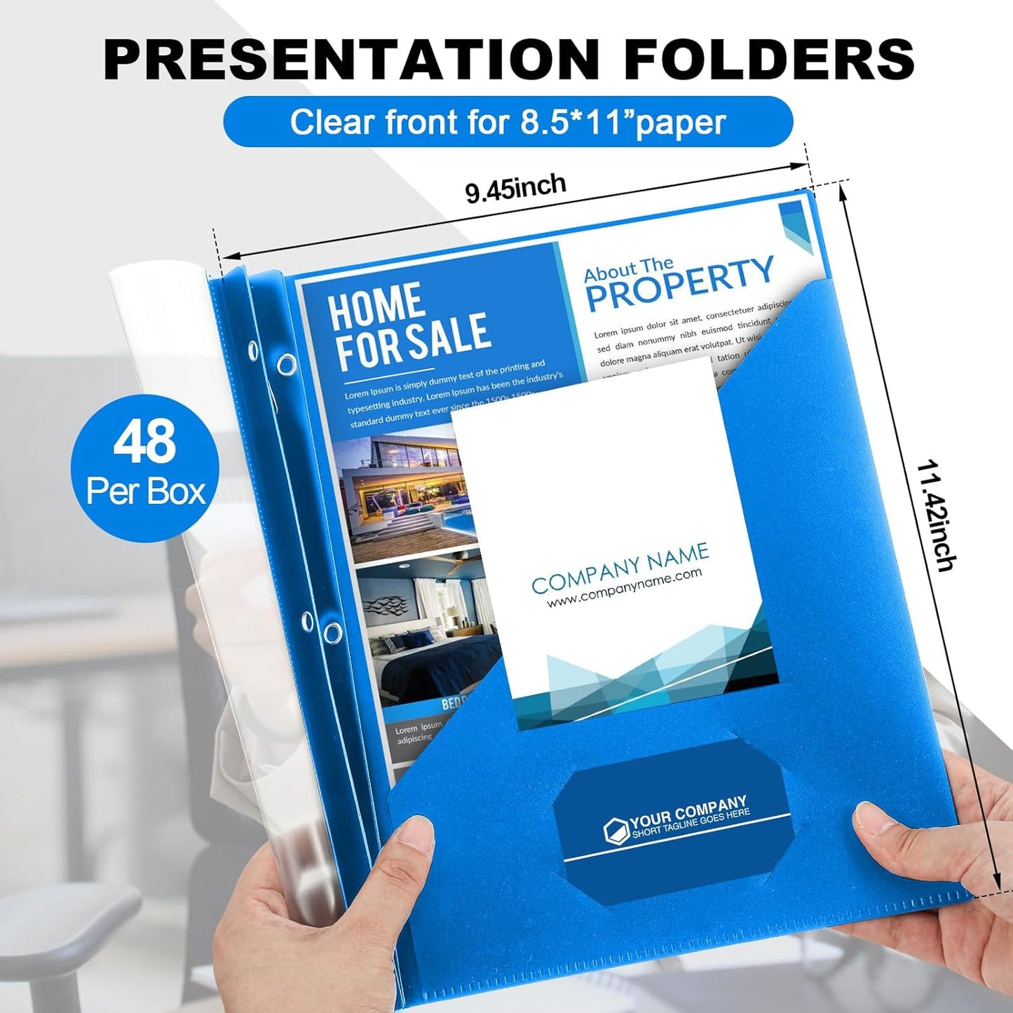 Teling 48 Pcs Clear Front Report Covers with 3 Prongs Fasteners, 11.42 x 9.45 Inch Plastic Book File Covers 90 Sheet Capacity, Presentation Folder with Blue Back Cover for Office Business