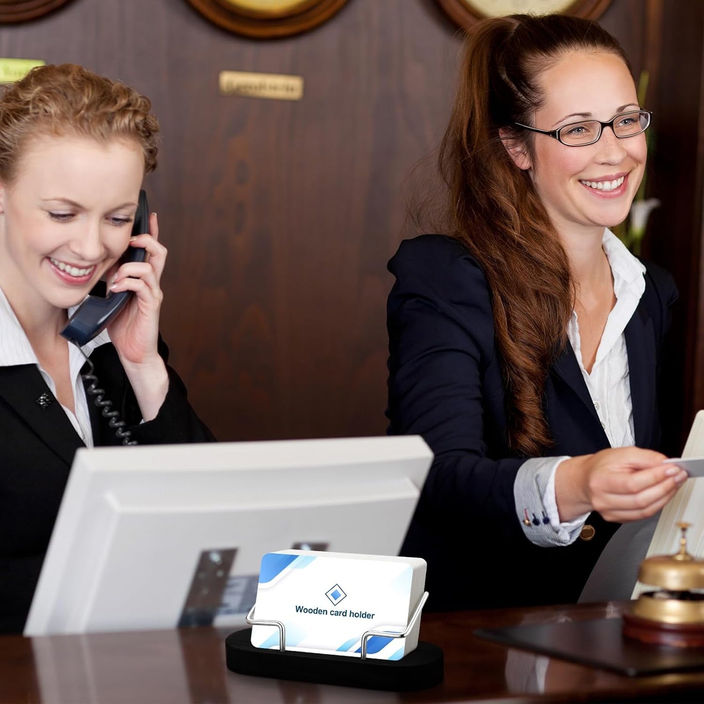 Amyhill 2 Pieces Wood Business Card Holder for Desk Wooden Business Card Display Stand Postcard Holder for Office Home Desktop (Black)