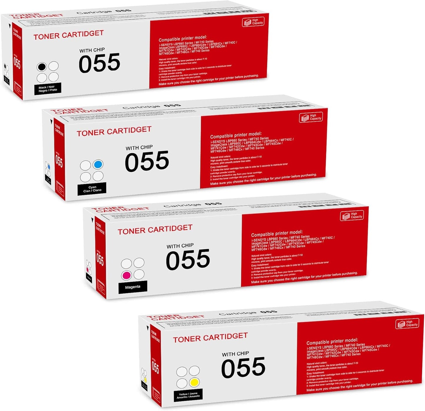 4 Pack 055 BK/C/M/Y Toner Cartridge: Compatible CRG-055 Replacement for Canon i-SENSYS LBP660 MF740 Series ImageClass LBP660C LBP664Cdw LBP664Cx MF741Cdw MF740 MF746Cx MF742Cdw Series Printer