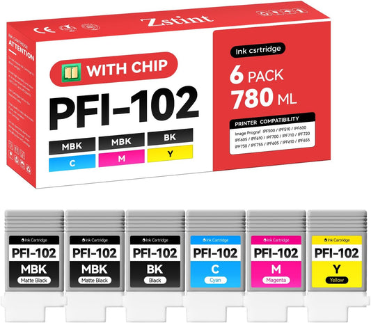PFI-102 Ink Tank 6-Pack 130ml PFI102 Ink Cartridges Compatible with Canon imagePROGRAF iPF500 iPF510 iPF600 iPF605 iPF610 iPF650 iPF655 iPF700 iPF710 iPF720 iPF750 iPF755 iPF760 iPF765 Inkjet Printer
