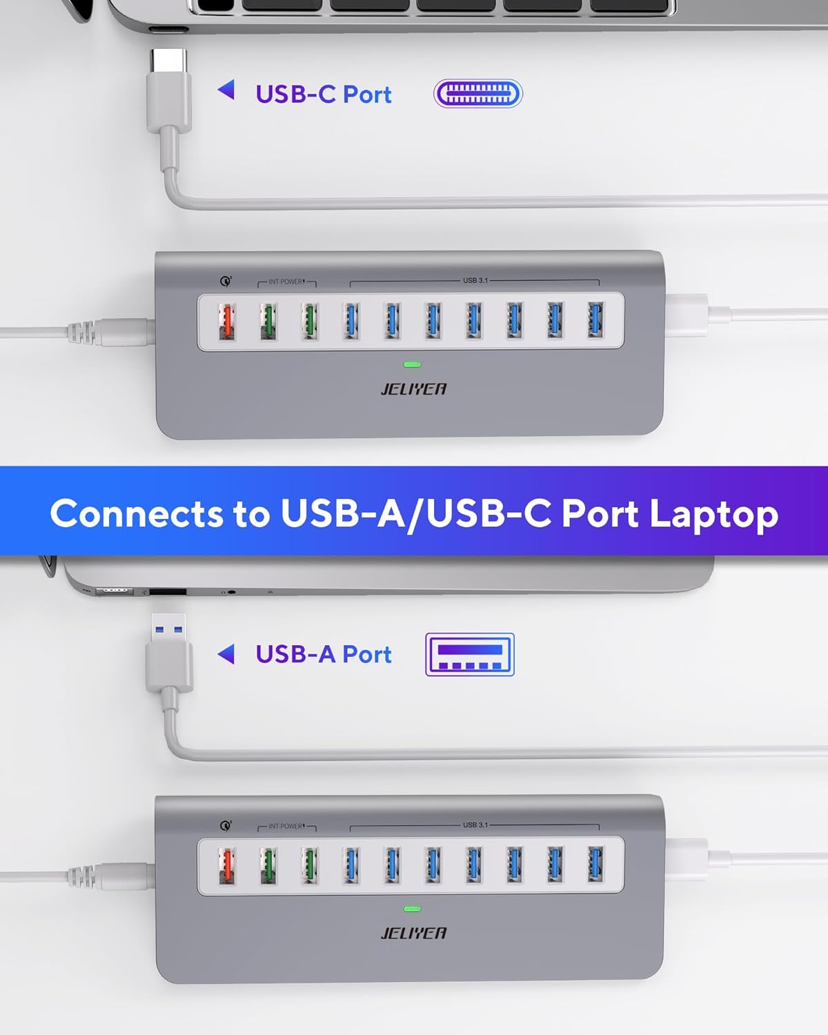 Powered USB Hub 10Gbps, 10 Ports USB 3.1 Gen 2 Hub Power Multiport USB Splitter USB Extender (7 USB 3.1 Data Port and 3 Fast Charging Port) with 36W Power Adapter, for Desktop/USB-A&USB-C Laptop/PC