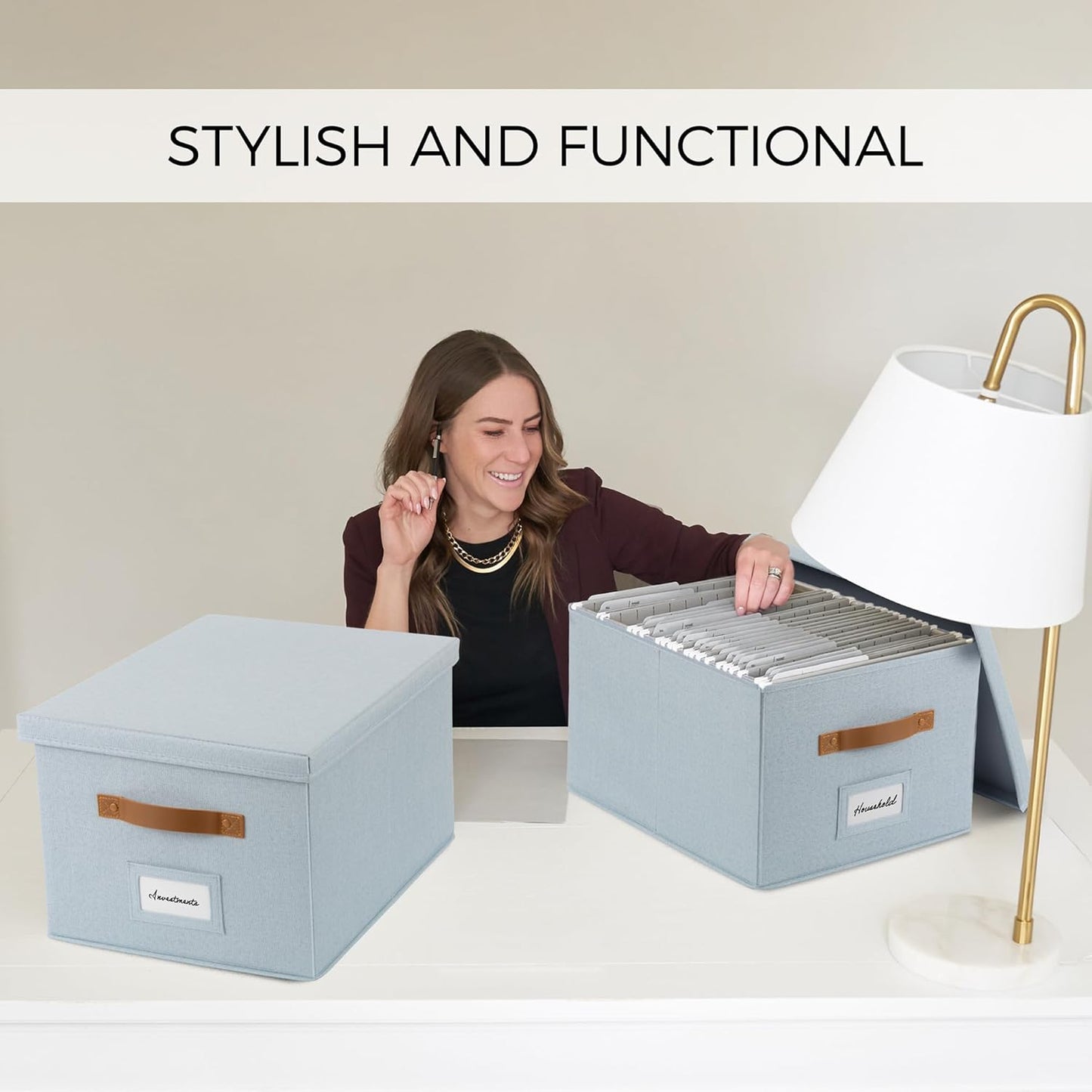 ZICOTO Decorative File Organizer Box Set of 2 - Collapsible Linen Filing Cabinets w/Handles Are Perfect to Store all Your Documents & Hanging File Folders - Portable Easy Slide Crates with Lid