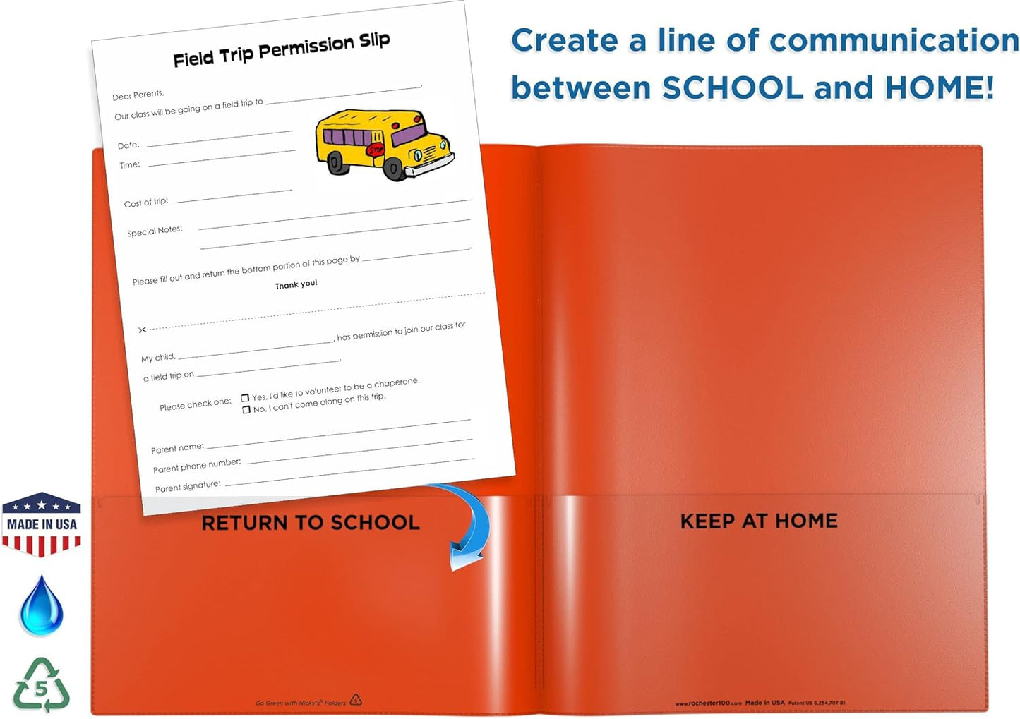 Nicky's Folder® English Communicator, Parent-Teacher Folder, Patented Tear-Resistant, Flexible Plastic, 2 Inside Pockets, 2 Exterior Sleeves, Letter Size Paper, Single Color (24 Pack) (Navy Blue)