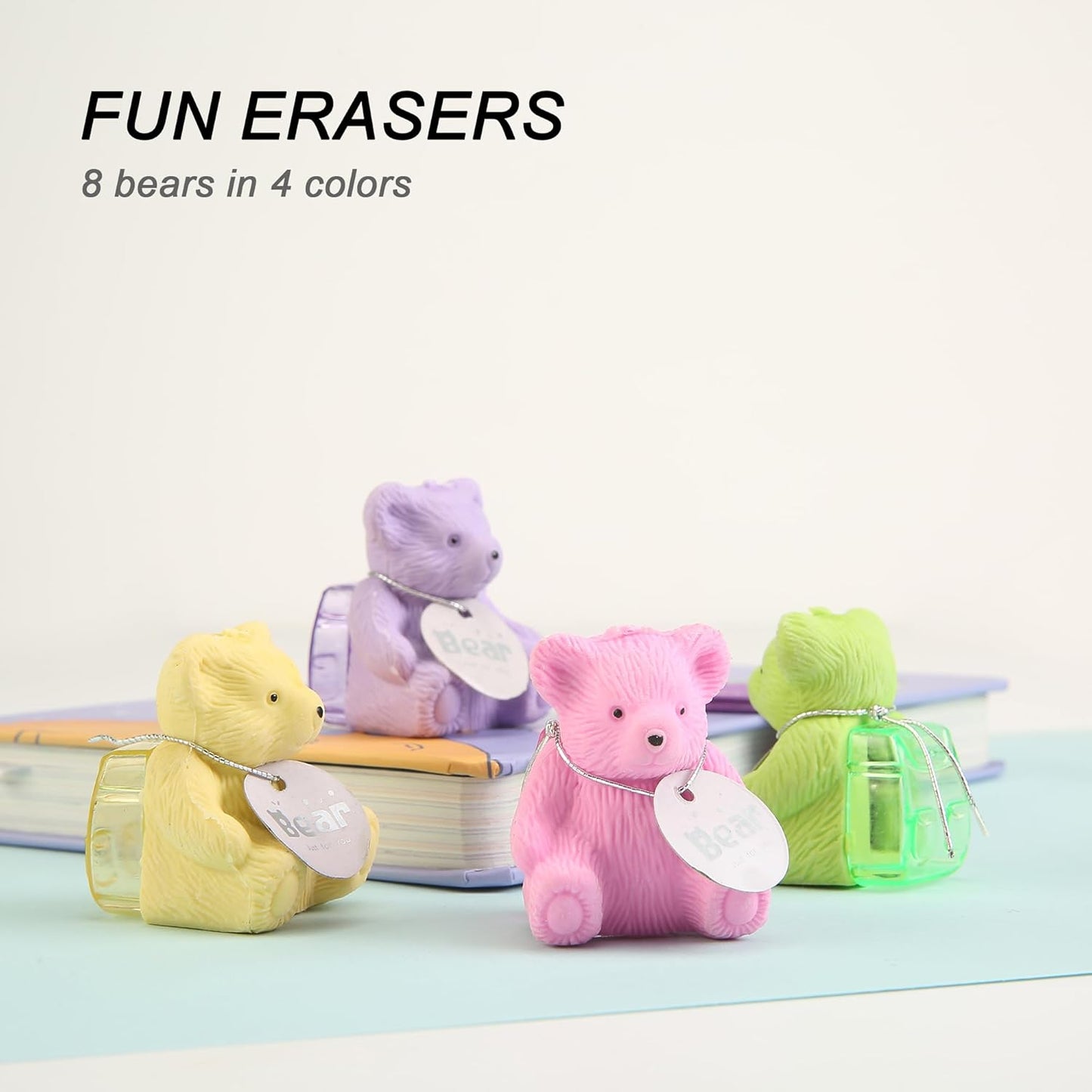 8Pcs Cute Backpack Bear Erasers Desk Pets for Kids, Kawaii Fun Animal Erasers with Pencil Sharpener for School Classroom Supplies Prize Gifts Party Favors
