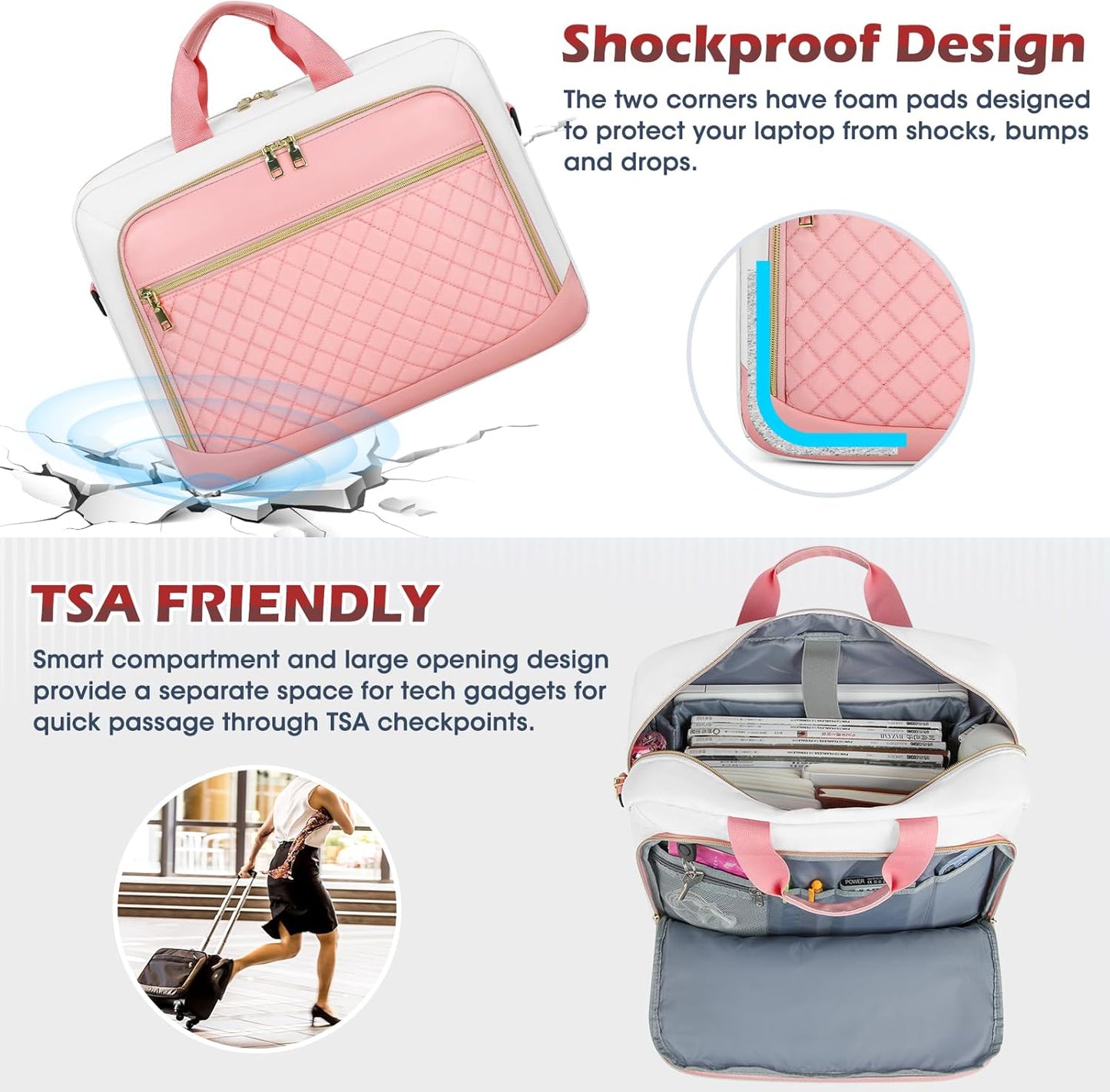 NEWHEY Laptop Bag 17.3 Inch Laptop Briefcase for Women Men Waterproof Shoulder Messenger Bag Large Computer Bag for Business Office Work College, Pink&Beige