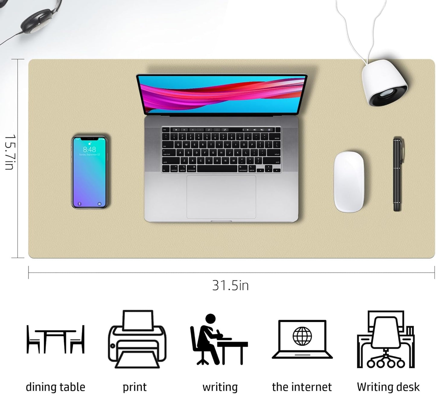 Aothia Double-Sided PU Leather Desk Pad - Non-Slip Large Mouse Pad & Desk Mat for Office, Home - Waterproof, Easy to Clean, Durable Dual-Sided Surface (31.5"x15.7", Sand Beige)