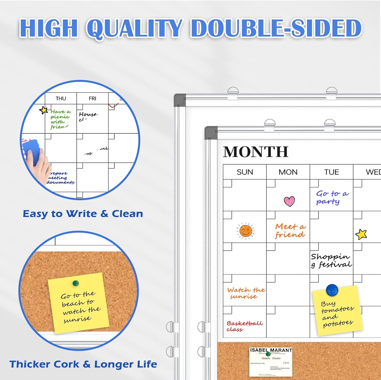 Monthly Calendar Whiteboard Dry Erase Cork Board Combo for Wall, 24" x 18" Double-Sided Calendar White Board and Bulletin Board, Portable Board for Office, Kitchen, School, Home