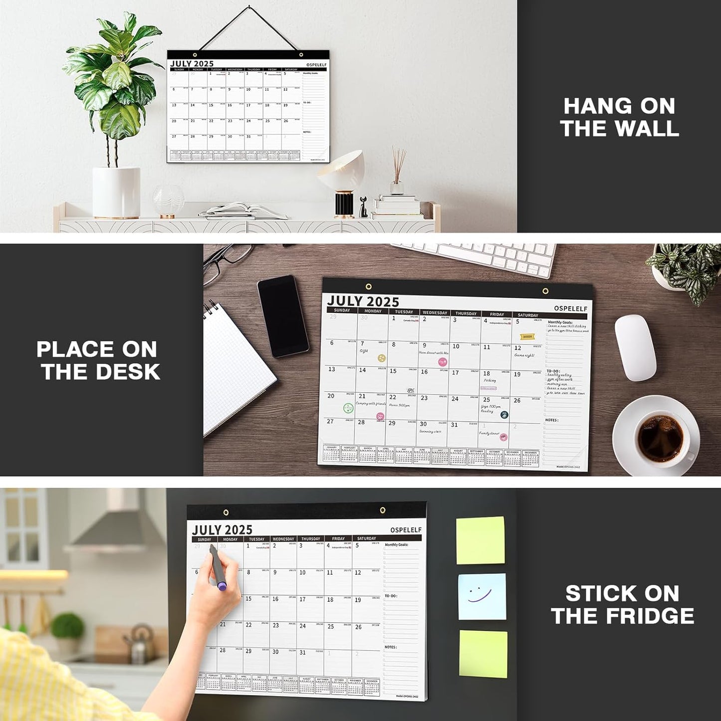 Ospelelf Magnetic Calendar 2025-2026 for Refrigerator, Desk Wall Calendar, July 2025 to December 2026, Monthly Large Planner Pad with Plastic Cover 17" X 12" Black