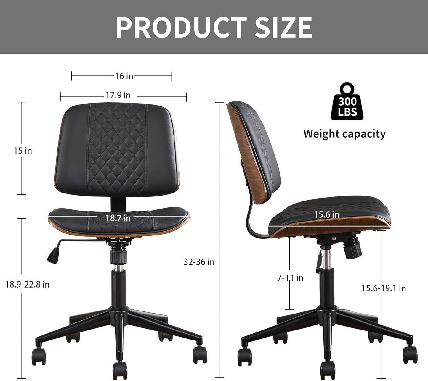 Modern Black Home Office Chair – Armless Mid-Back Desk Chair with PU Leather, Adjustable Height, Swivel Wheels, Walnut Wood Finish, Perfect for Small Spaces