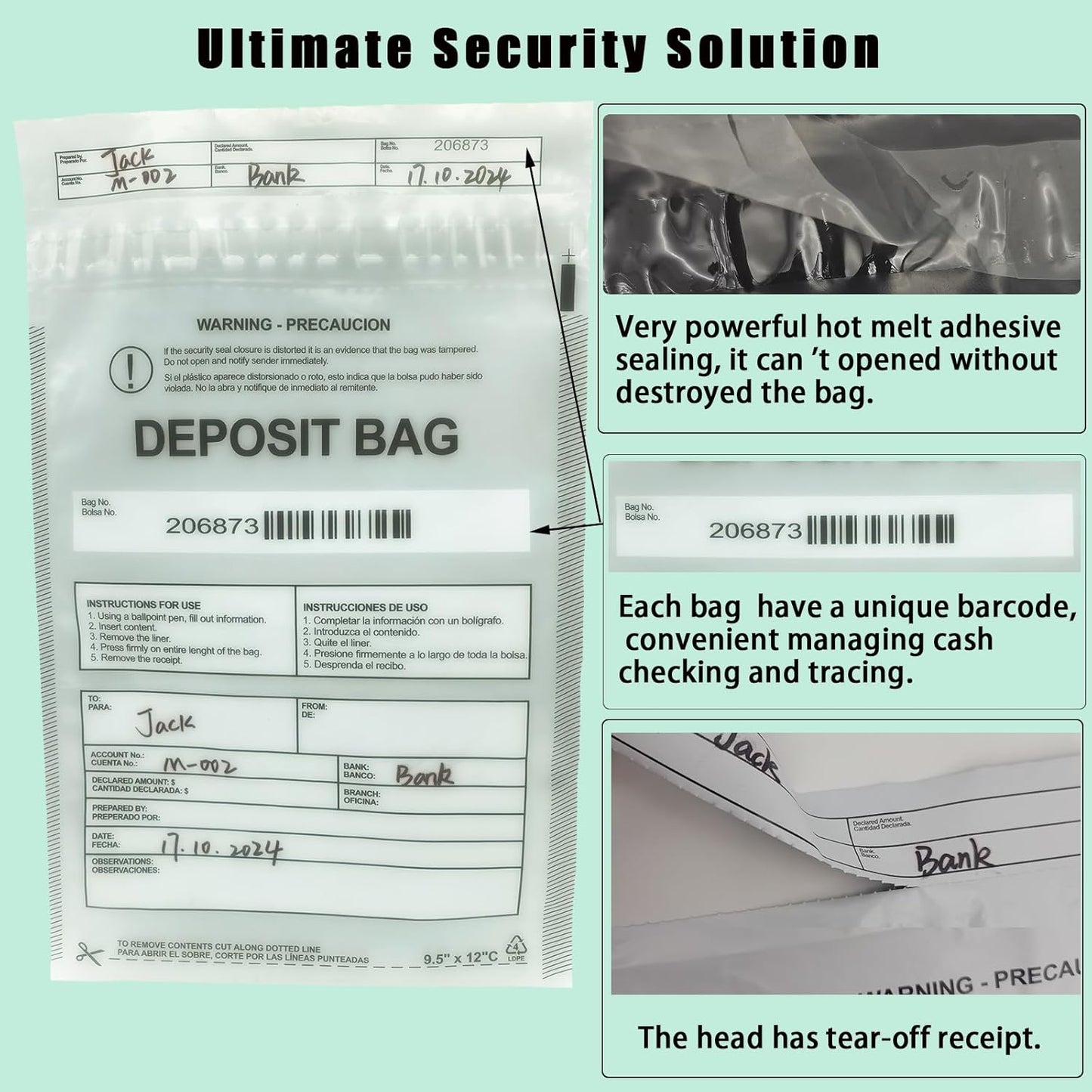 Plastic Deposit Bags 200-Pack 9''x12'', Clear Security Bank Deposits,Cash register,Money bag for Cash,Bank Pocket,Tamper-Evident,Unique Barcode