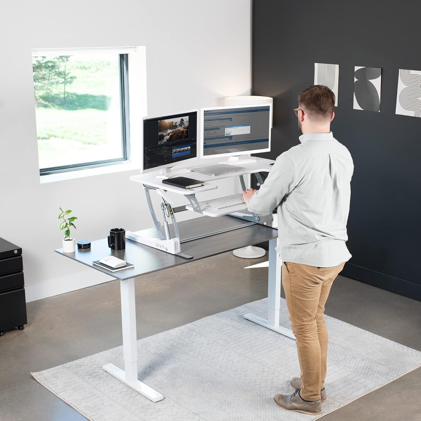 VIVO 36 inch Height Adjustable Stand Up Desk Converter, V Series, Quick Sit to Stand Tabletop Dual Monitor Riser Workstation, White, DESK-V000VW