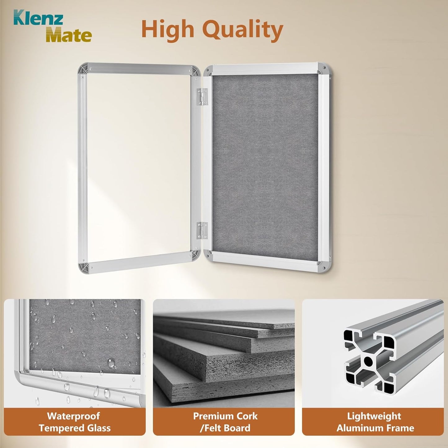 20"x14" Enclosed Bulletin Board Tamper-Proof Dispaly Case,Grey Fabric&Aluminium Frame,Shatter Resistant Lockable Bulletin Board with Clear Acrylic Door for School,Office,Mall,Community,Hospital,Church