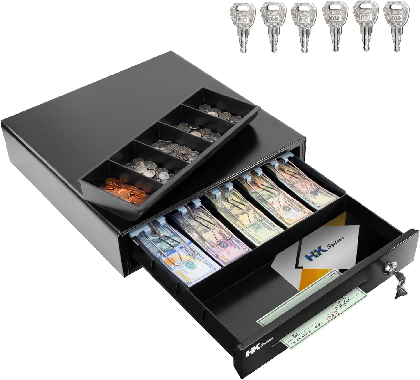 HK SYSTEMS 16" Heavy Duty Black POS Cash Drawer with 5Bill/5Coin, Removable Coin Compartment ONLY, 24V, RJ11, Single Large Front Media Slots, Black