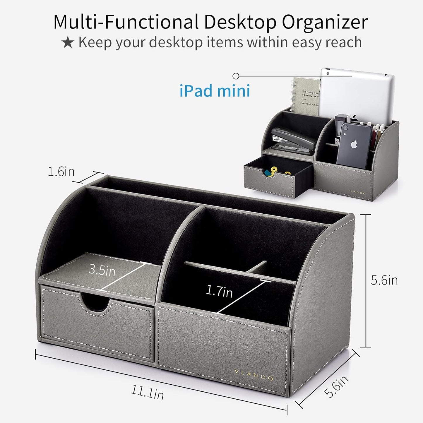 Vlando Desk Organizer with Drawer, Back to School Supplies - 5 Compartment Desktop Storage Holder with Organizer Section for Desk Accessories (Gray)