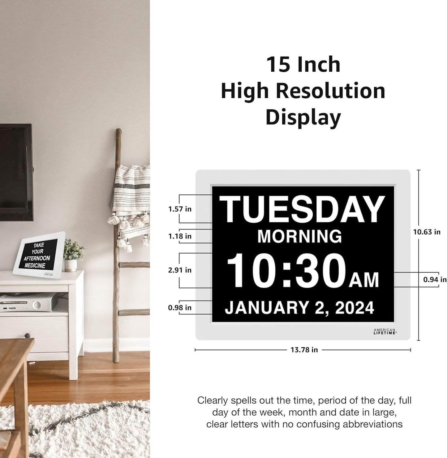 American Lifetime 【New 2024 Dementia Clock Large Digital Clock for Seniors, Digital Clock Large Display, Custom Alarms, Clock with Day & Date for Elderly, Large Number Digital Clock White, 15 Inch
