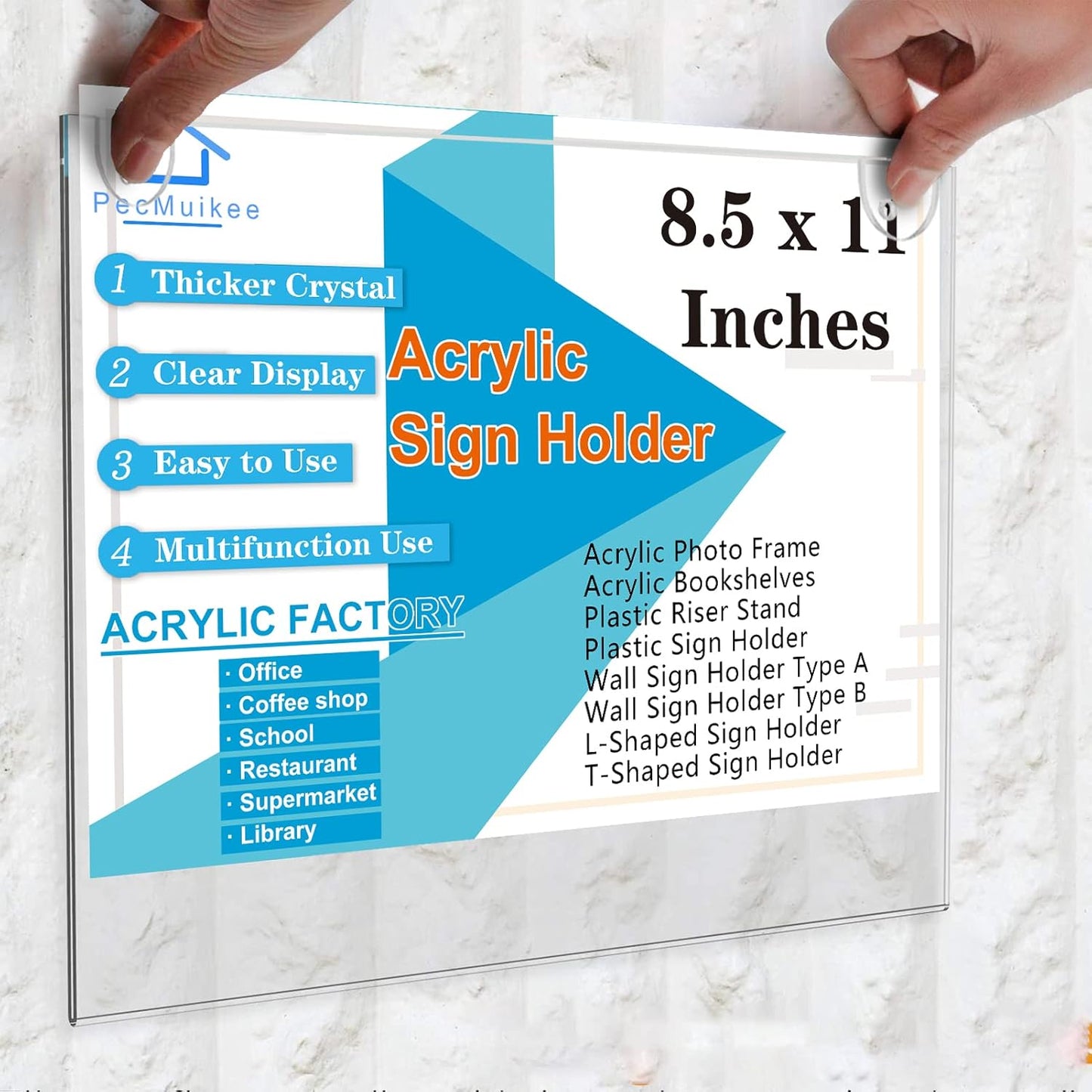 PecMuikee Horizontal Acrylic Sign Holder 8.5x11, Wall Mount Acrylic Sign Holder and Plastic Paper Display Ad Frame Bonus with 3M Tape and Mounting Screws for Restaurant, Office, Market, Library,